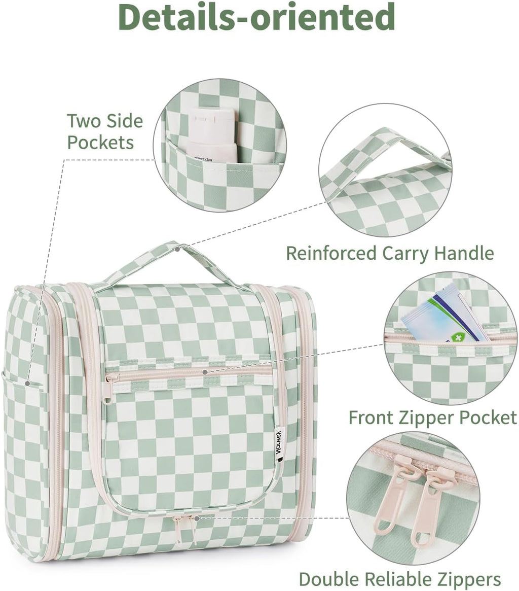 Narwey Checked Hanging Travel Toiletry Bag for Women, Travel Bag for Toiletries, Makeup Bag Organizer Cosmetic Bags Make Up Bags for Women (Mint Green Checkerboard)
