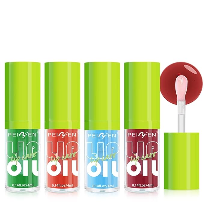 4 PCS Hydrating Lip Oil, Big Brush Head Lip Glaze Shiny Transparent Fat Lip Glow Oil, Nourishing & Non-sticky Long Lasting Fresh Clear Smooth Lip Care Plumping Lip Oil (4PCS A)