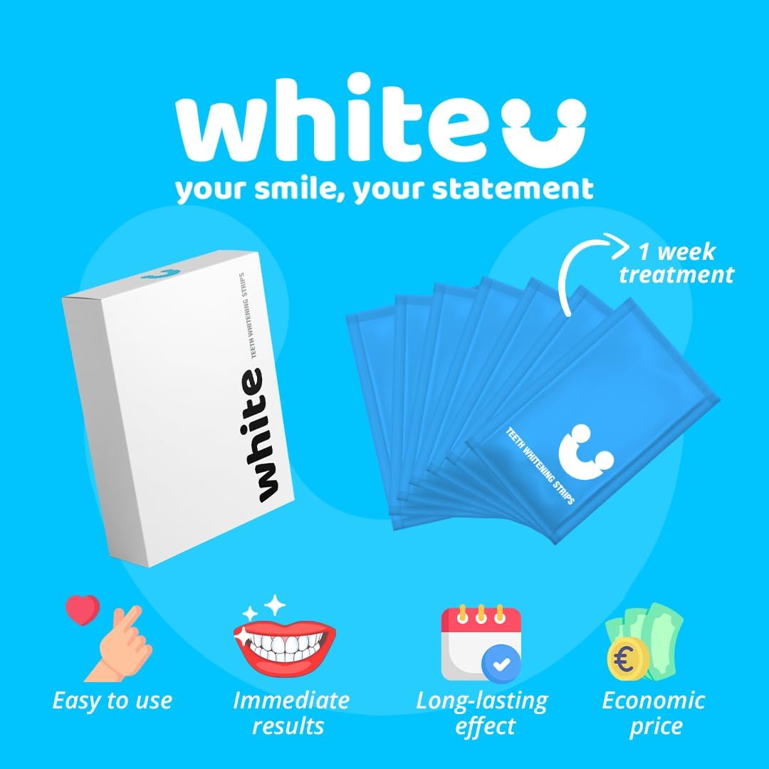 WhiteU Teeth Whitening Strips – 14 Strips – Peroxide-Free, Enamel-Safe, Sensitivity-Free – Advanced Whitening with Pap+ – Professional Dental Care for Whiter Teeth, Tartar Control – Mint Flavored