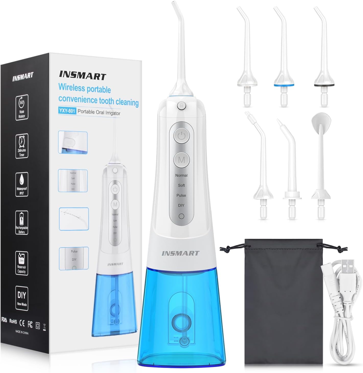 Cordless Water Dental Flosser Teeth Cleaner, INSMART Professional 300ML Tank DIY Mode USB Rechargeable Dental Oral Irrigator for Home and Travel, IPX7 Waterproof 4 Modes Irrigate for Oral Care
