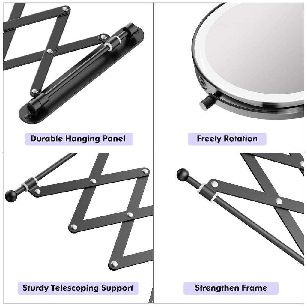 Rechargeable Wall Mounted Makeup Mirror - 8 Inch Double Sided 1X/10X Magnifying Mirror with 3 Color Lights Dimmable Touch Screen, 360°Swivel 19.6 Inch Extendable Accordion Bathroom Mirror - Black