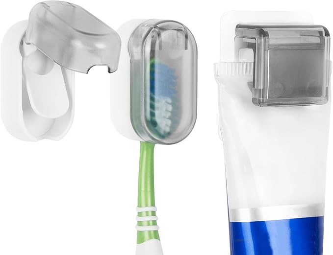 2Pack Toothbrush Holder Wall Mounted with Cover for Bathroom, Toothbrush Storage Organizer for Shower, Self Adhesive Toothbrush Hanger with Toothpaste Clip (Grey)