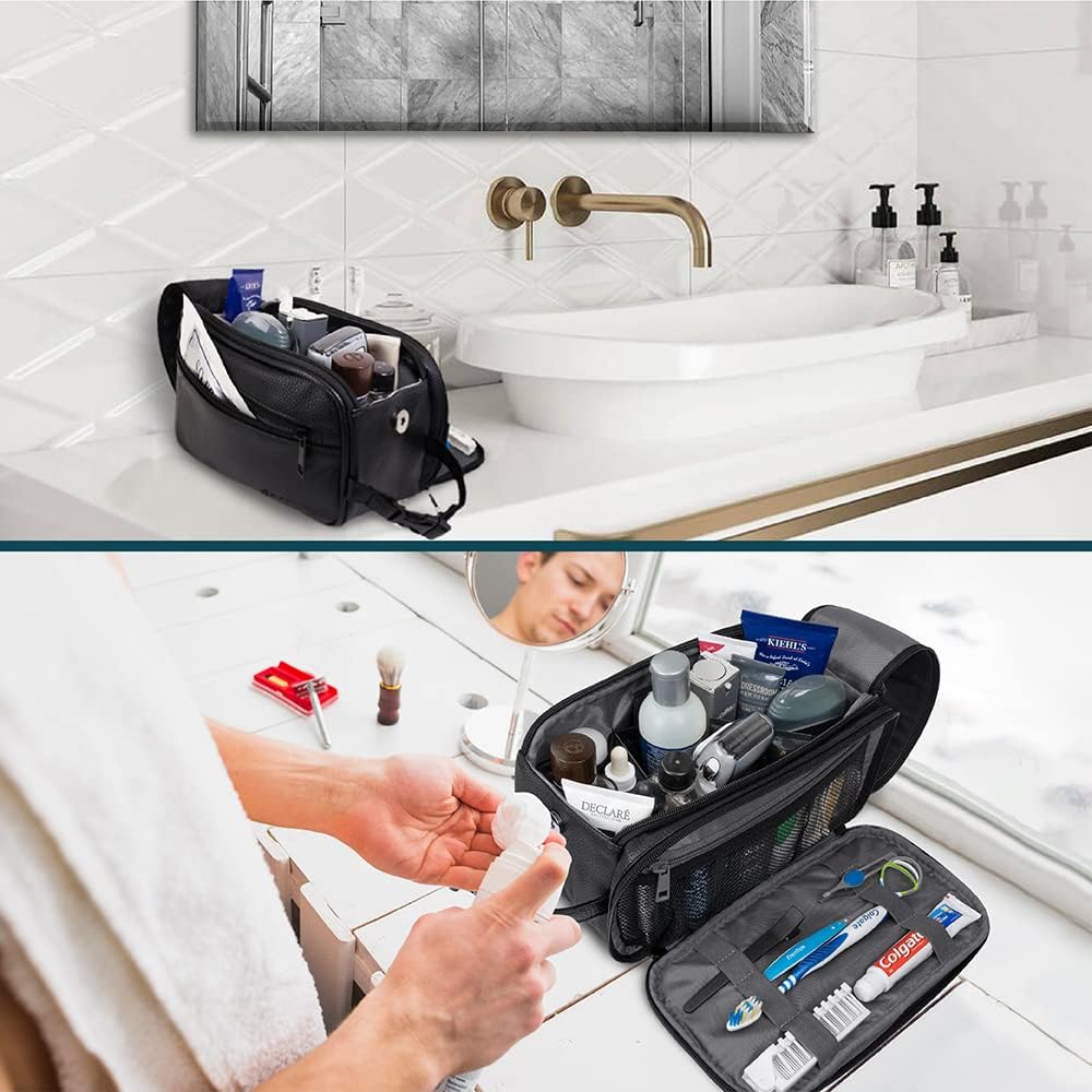 PAVILIA Toiletry Bag for Men, Travel Essentials Shaving Dopp Kit, Mens Travel Bag Toiletries Organizer Case for Grooming, PU Leather Water Resistant Cosmetic Bag Pouch (Black)