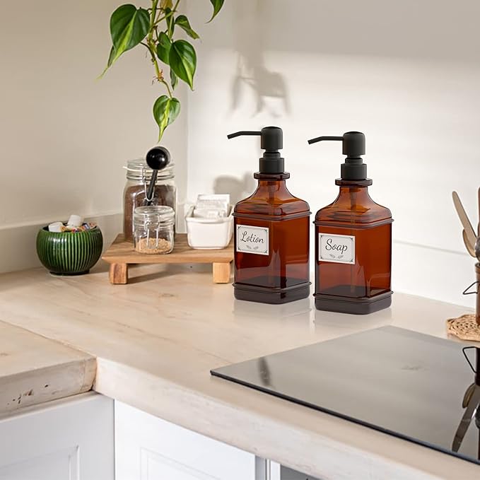 GLADPURE Soap Dispenser 2 Pack, Hand Soap Dispensers with 18 Oz Antique Design Thick Amber Glass Bottle, 316 Rust Proof Stainless Steel Black Pump, 6Pcs Stickers, for Lotion, Soap, Essential Oil