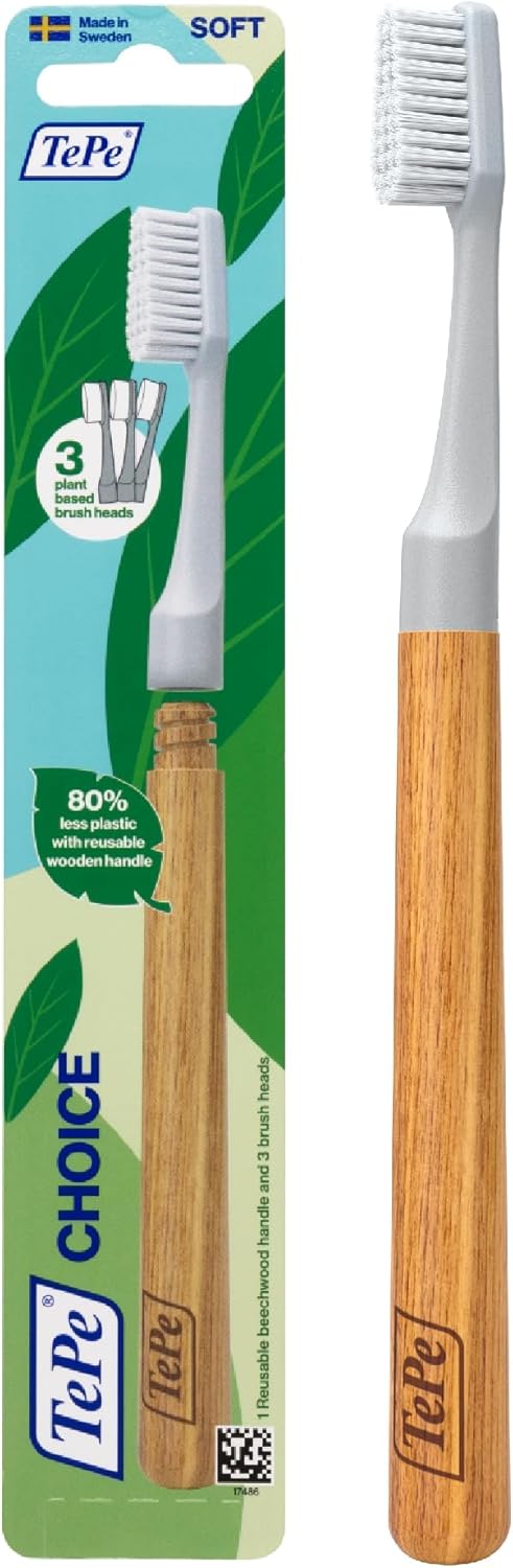 TePe Choice Soft Toothbrush, Dental Toothbrush for Teeth Cleaning with 3 Replaceable Toothbrush Heads, Gray