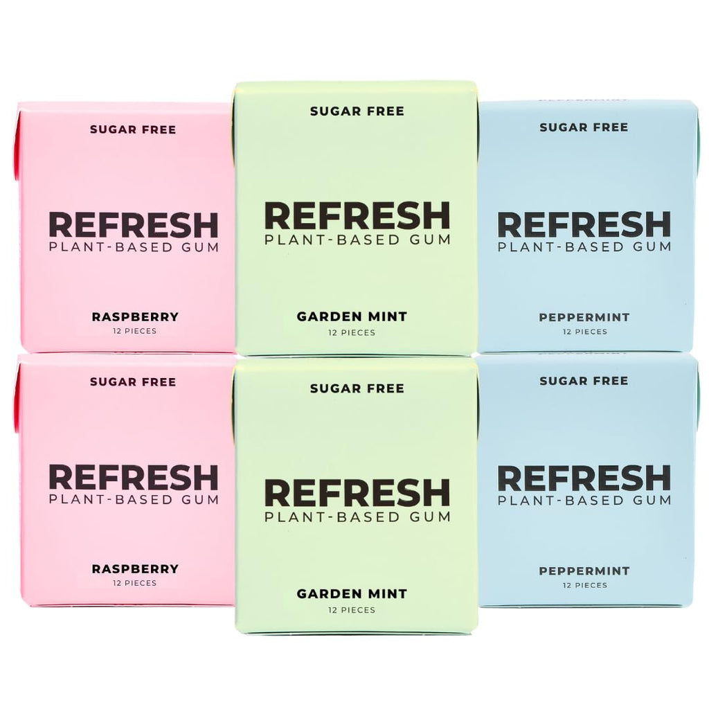 Refresh Gum, Xylitol, Natural, Sugar Free, Plastic Free, Natural Flavors & Organic Ingredients, Plant-Based, Non GMO, Peppermint, Garden Mint & Raspberry Variety Pack, 12 Pcs, 6 Pack