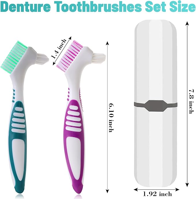 2Pcs Denture Cleaning Brush Kit False Teeth Toothbrushes with 1 White Carrying Case Travel Multi-Layered Soft Bristles Denture Cleaner Ergonomic Rubber Handle(Green and Purple)