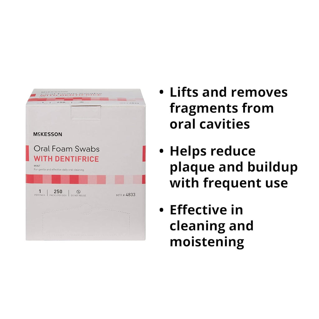 McKesson Oral Foam Swabs with Dentifrice, Gentle and Daily Oral Cleaning, Mint, 250 Count, 1 Pack