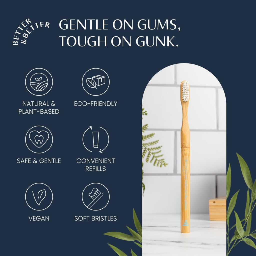 Better & Better Natural Bamboo Toothbrush | Soft Bristles | 100% Plant-Based | Reusable Handle and Replaceable Brush Head | Eco-Friendly, Zero Plastic | Adult Size, White