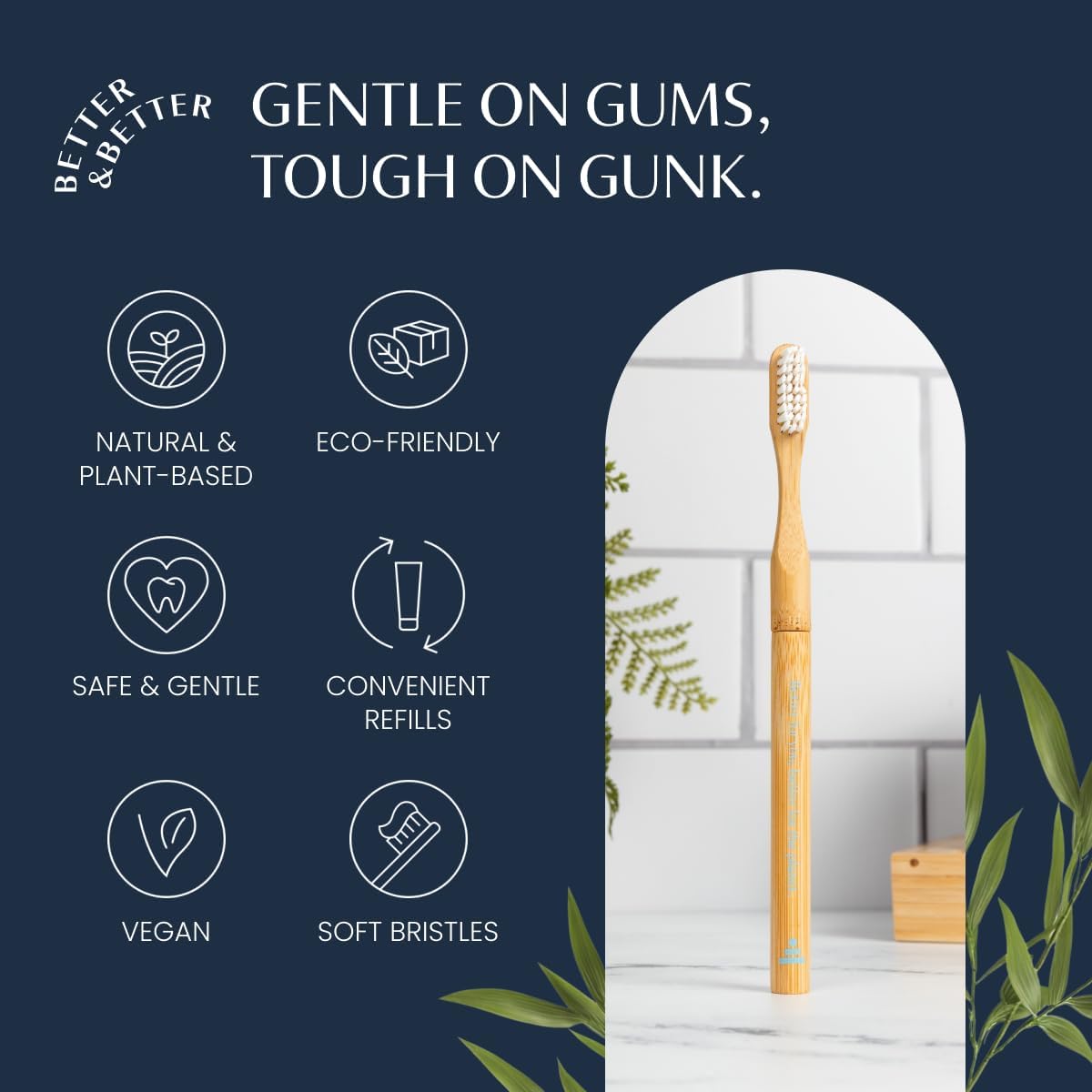 Better & Better Natural Bamboo Toothbrush | Soft Bristles | 100% Plant-Based | Reusable Handle and Replaceable Brush Head | Eco-Friendly, Zero Plastic | Adult Size, Blue