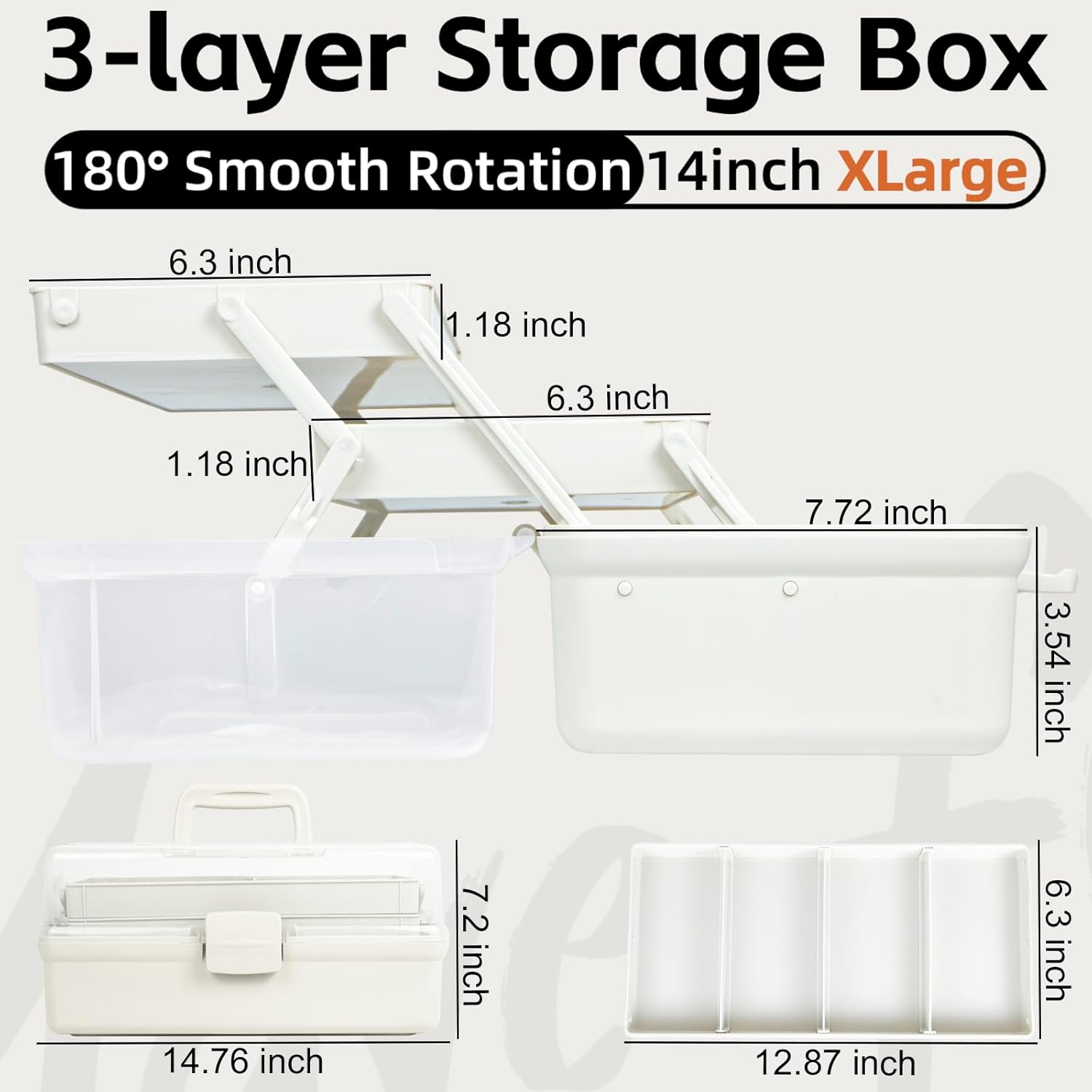 14in 3-Layer Multipurpose Craft Organizers and Storage with Adjustable Dividers, Portable Tackle Box, Folding Art & Craft Case for Medicine, Tool, Sewing Organizer (White, X-Large)