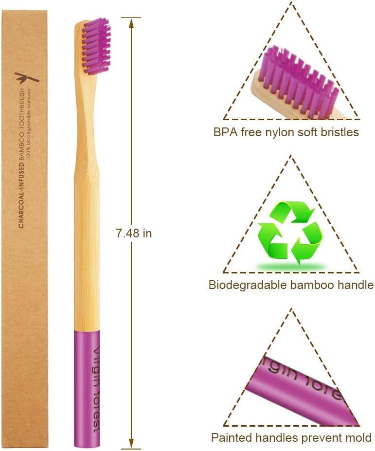 Virgin Forest 6 Pcs Biodegradable Bamboo Toothbrushes, Natural Eco-Friendly BPA-Free Toothbrushes, Best Travel Wood Toothbrush Set for Sensitive Gums