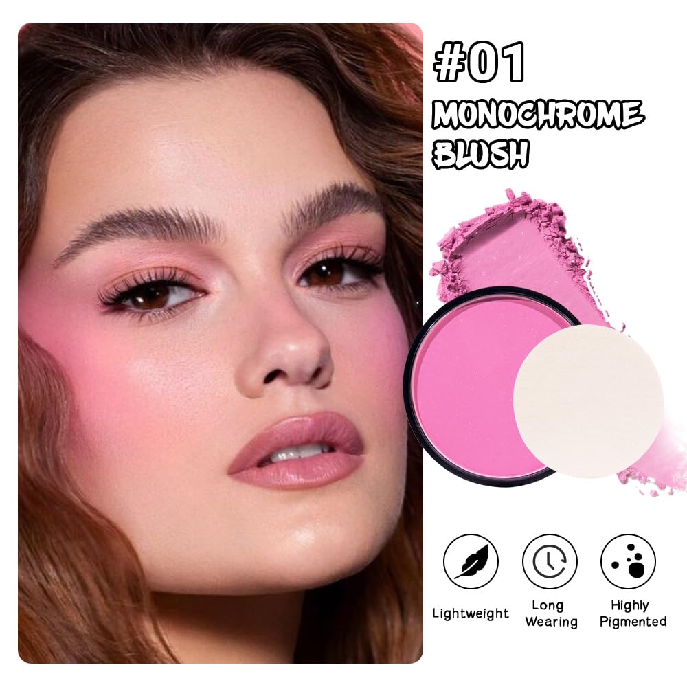 Natural Single Matte for Face Cheeks Blush with Makeup Powder Puff, Rose Pink Monochrome Blush Cream Powder Makeup Palette Blushes Long-lasting Color Blendable Foundation for Women Every Day 01