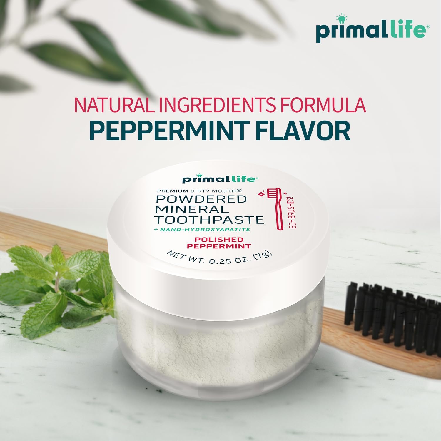 Primal Life Organics - Dirty Mouth Toothpowder, Tooth Cleaning Powder, Flavored Essential Oils with Natural Kaolin & Bentonite Clay, Good for 200+ Brushings, Organic, Vegan (Peppermint, 0.25 oz)