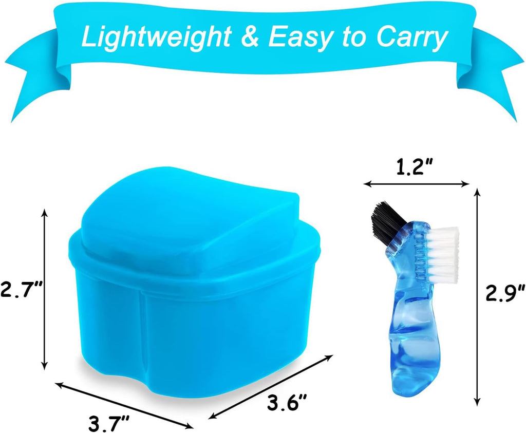 2 Pack Denture Case Dental Mouthguard Case, Denture Bath Box Cleaning with Brush, Strainer Basket and Lid Waterproof - Purple and Blue