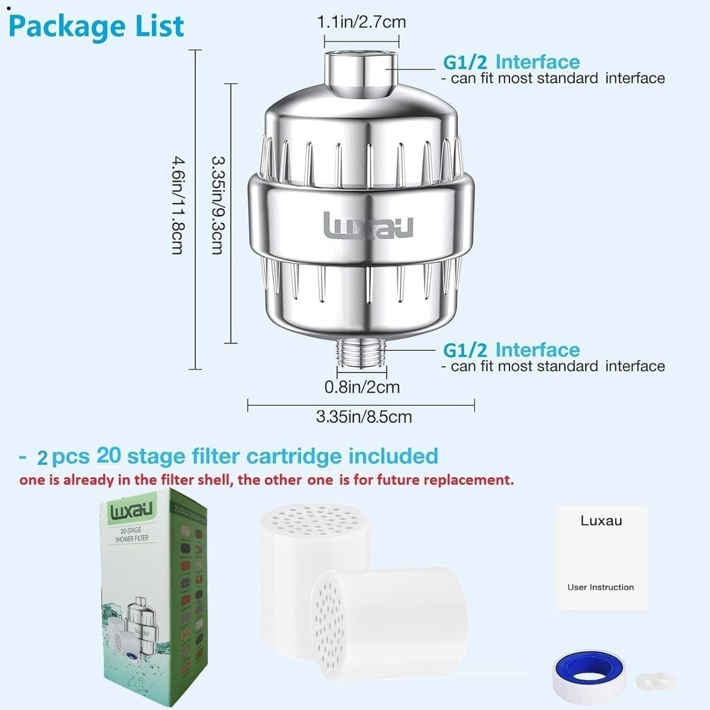 20 Stage Shower Filter with Spin Propeller w/ 2 Cartridge, Reduce Well Hard Water Chlorine Heavy Metal & Impurity, Improve Skin Hair, Fit Most Handheld Shower head Fixed Rainfall, Chrome (Chrome)