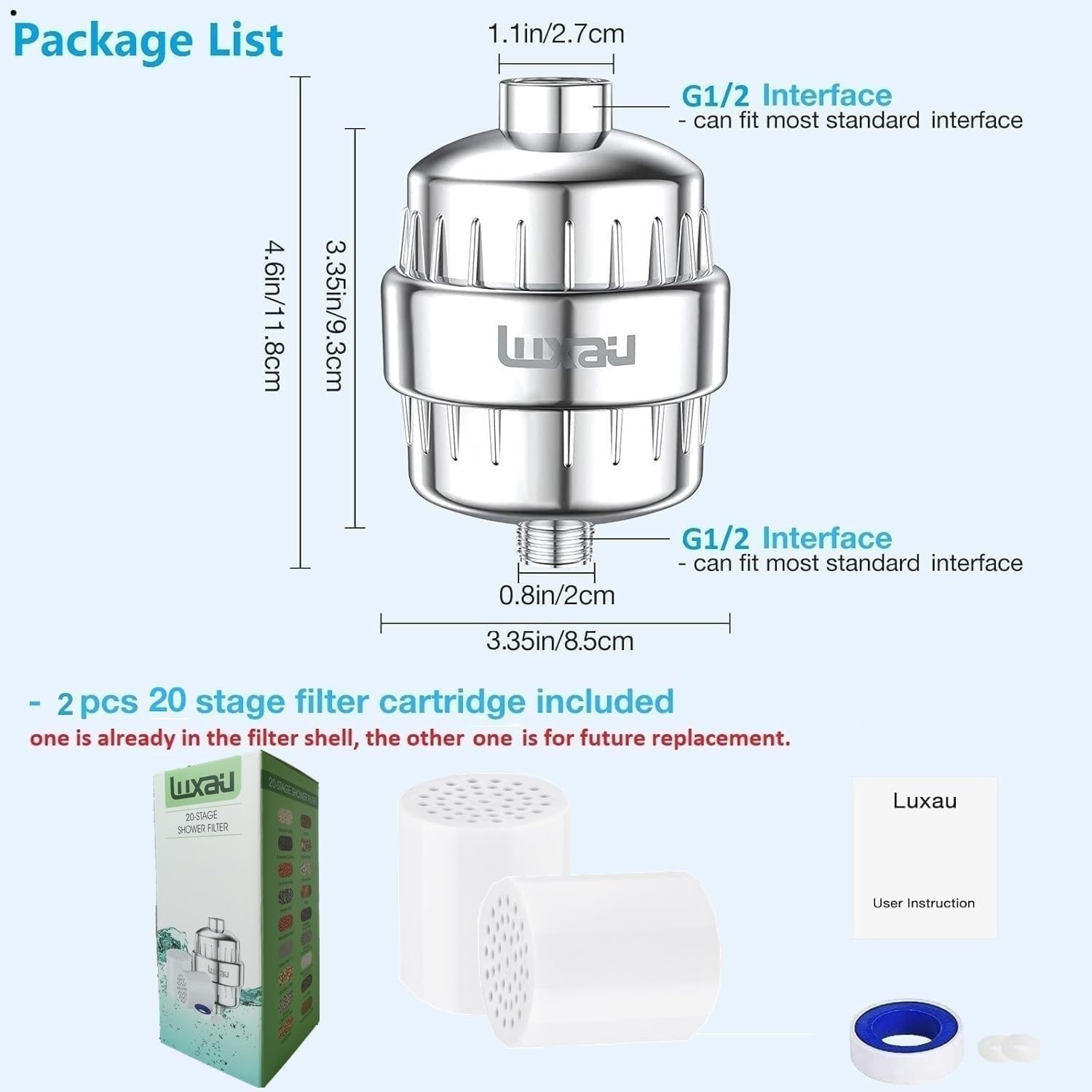 20 Stage Shower Filter with Spin Propeller w/ 2 Cartridge, Reduce Well Hard Water Chlorine Heavy Metal & Impurity, Improve Skin Hair, Fit Most Handheld Shower head Fixed Rainfall, Chrome (Chrome)