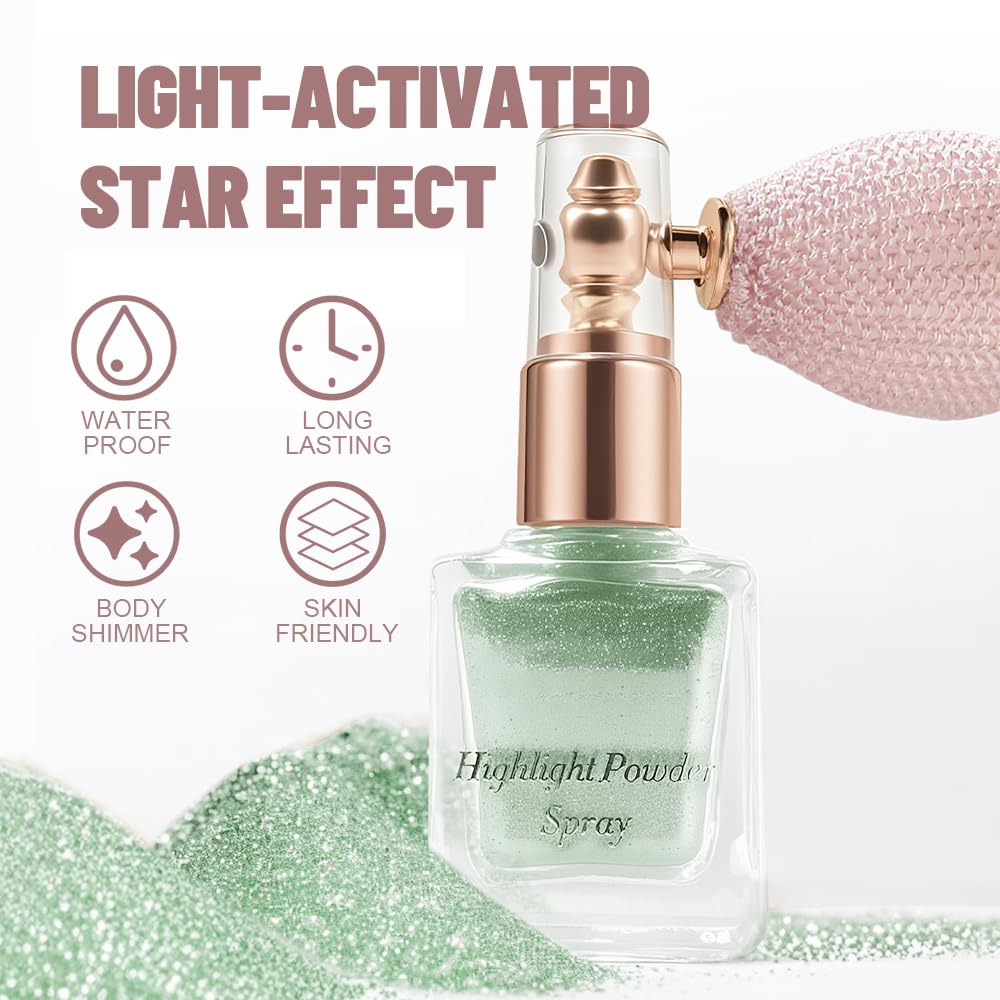 Mint Highlighter Spray, Professional Shiny Glitter Spray for Eyeshadow Face and Body Luminizers, Loose Shimmer Powder Makeup Mist for Women Kid Rave Outfits Festival Accessories