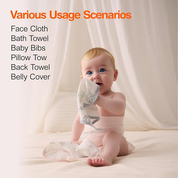 Baby Washcloths, Soft Burp Cloths, Absorbent Baby Bath Towels-4 Layer Design-Reusable Baby Wipes Newborn Bath Face Towel for Delicate Skin, Wash Cloths for Shower and Baby Essentials - 3 Pack