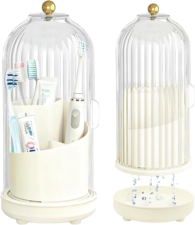 Multifunctional Rotating Toothbrush Holders with Sliding Lid and Draining Tray, 3-Slot Bathroom Countertop Vanity Organizer for Tooth Brush, Toothpaste, and Makeup Brushes Holder Storage (White)