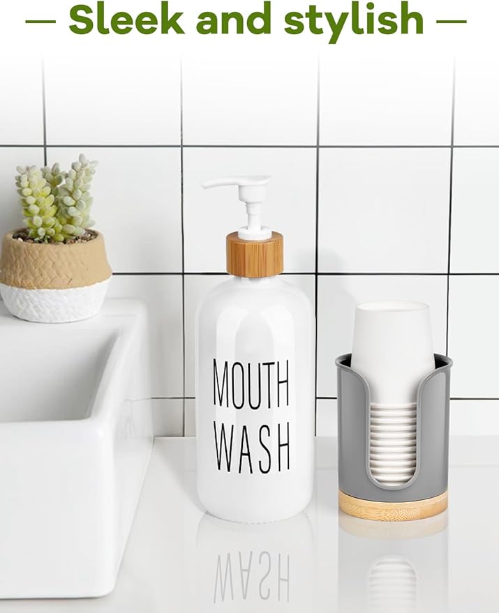 Bathroom Cup Holder - Small Cup Dispenser for Dixie 3 oz Bathroom Cups, 3 4 Ounce Mouthwash Cup Dispenser - PC/Bamboo, Grey, Pack of 2