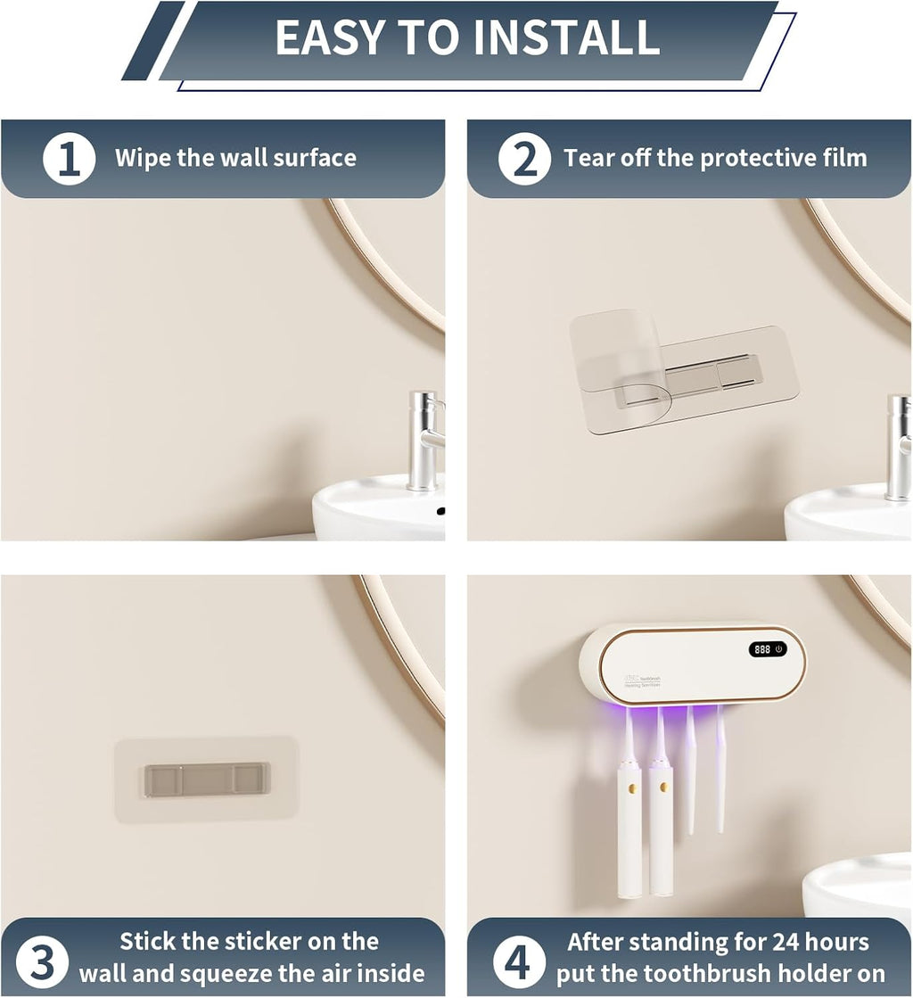 UV Toothbrush Cleaner and Holder with Air Drying & LED Smart Screen, 4 Slot Family Size Electric Toothbrush Organizer Wall Mounted No Drill for Bathroom