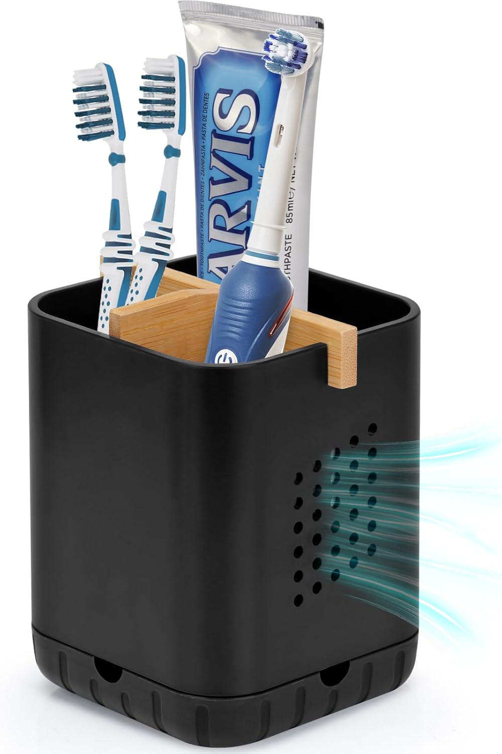 Boperzi Black Toothbrush Holders for Bathroom, Electric Toothbrush Holder with Bamboo Divider, Detachable Anti-Slip Toothbrush and Razor Holder Drainage for Shower, Toothbrush Organizer and Storage