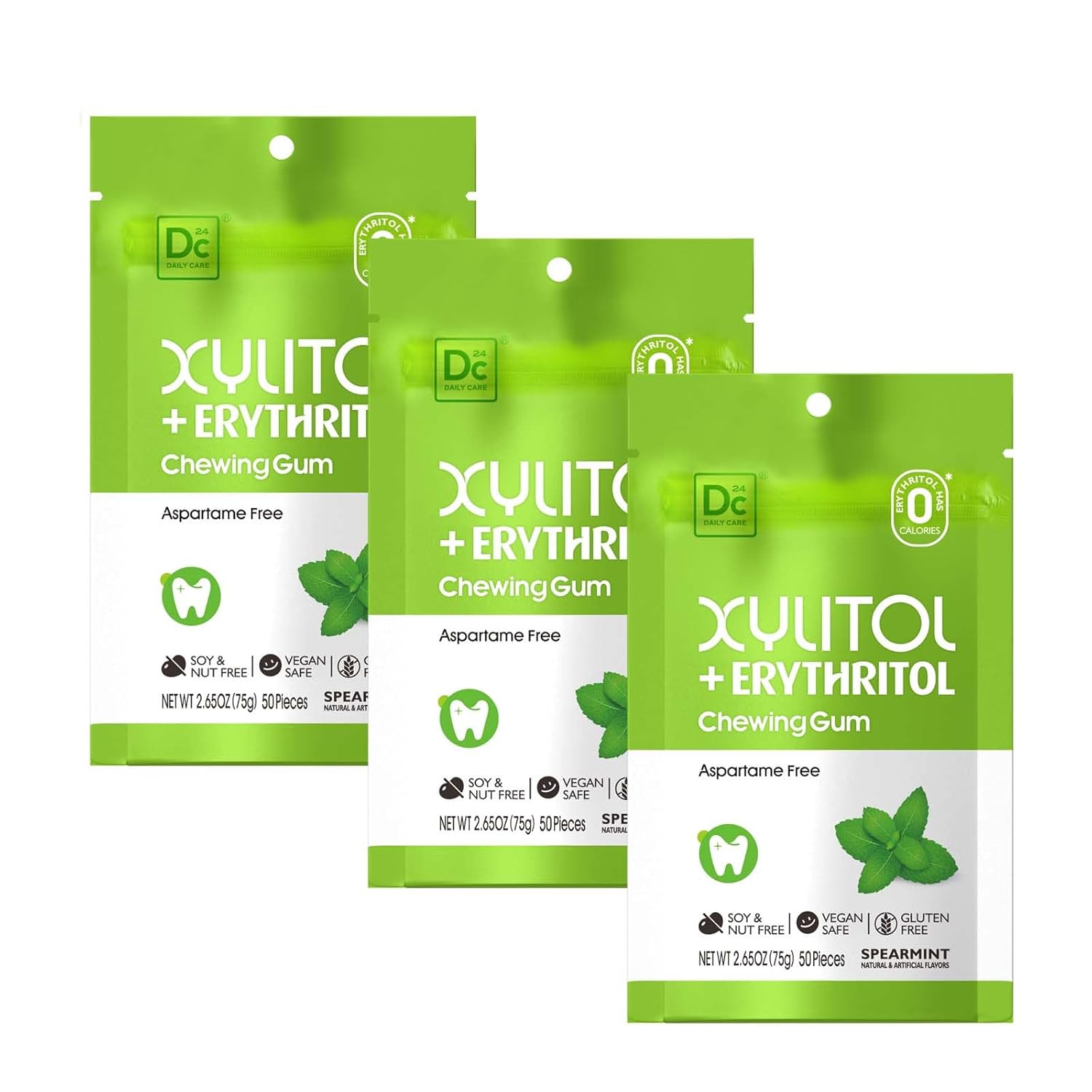 DC24 DAILY CARE Gum, Aspartame Free & Sugar Free Xylitol Chewing Gum with Erythritol, Low-Calorie, Sugarless, Spearmint, 50 Pieces (Pack of 3)
