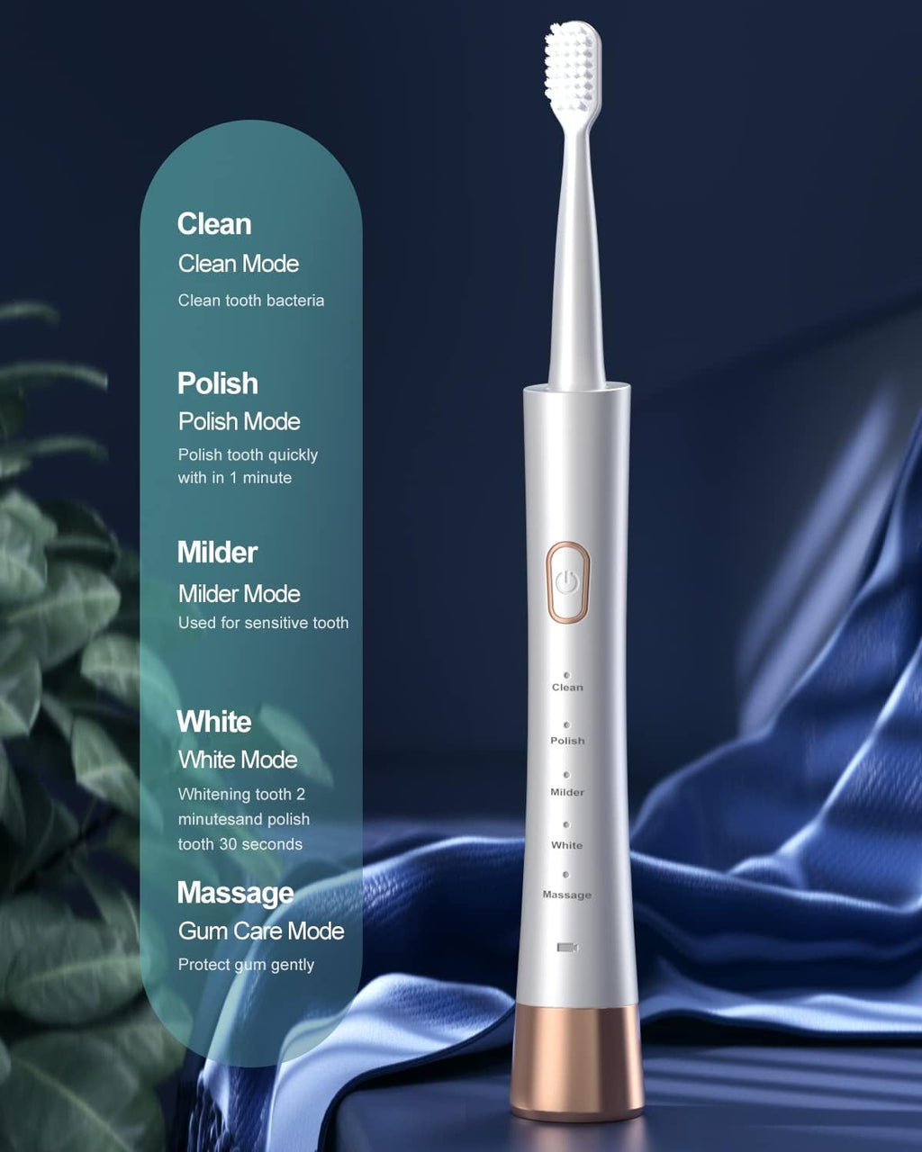 High Vibration Sonic Electric Toothbrush for Adults with 2 Minutes Smart Timer, Fast Charge Lasts Long, 5 Optional Modes, 8 Replacement Brush Heads Ultra Whitening, White