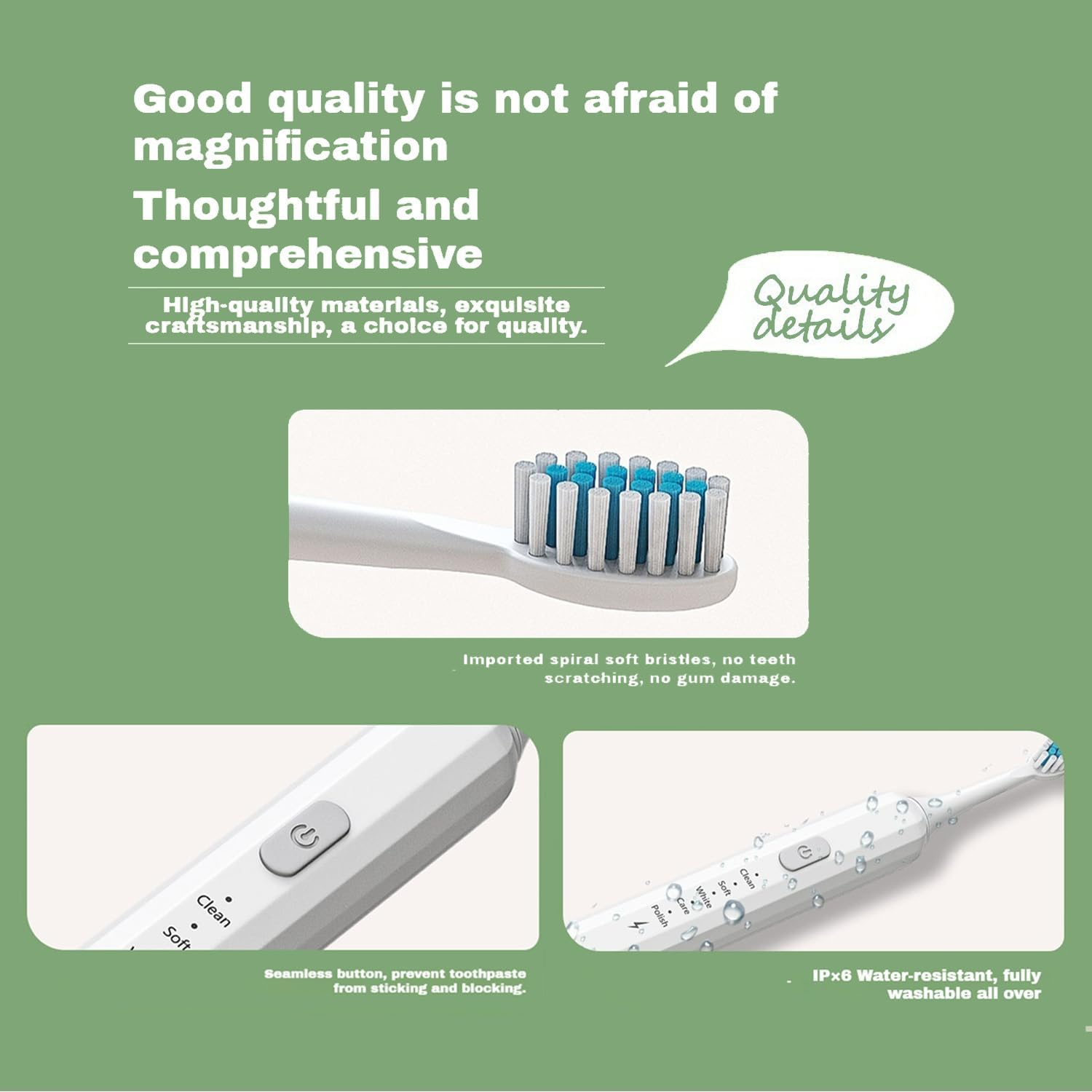 Electric Toothbrush for Adults, 5 Modes USB Rechargeable with 2 Extra Brush Heads, 66000 RPM Sonic Toothbrush with 2-Minute Timer, IPX7 Waterproof, Soft Bristles (Green)