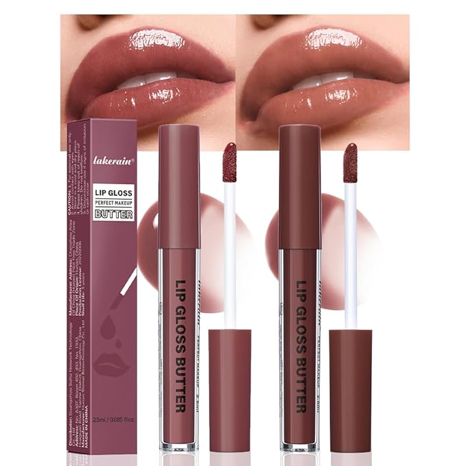 2Pcs Brown Nourishing Lip plumper Gloss, Long Wear Hydration Mini Liquid Lipstick Makeup, Moisturizing High Shine Lip Glow Oil Fresh Lightweight Glossy Plumping Lip Gloss for Women (01+04)