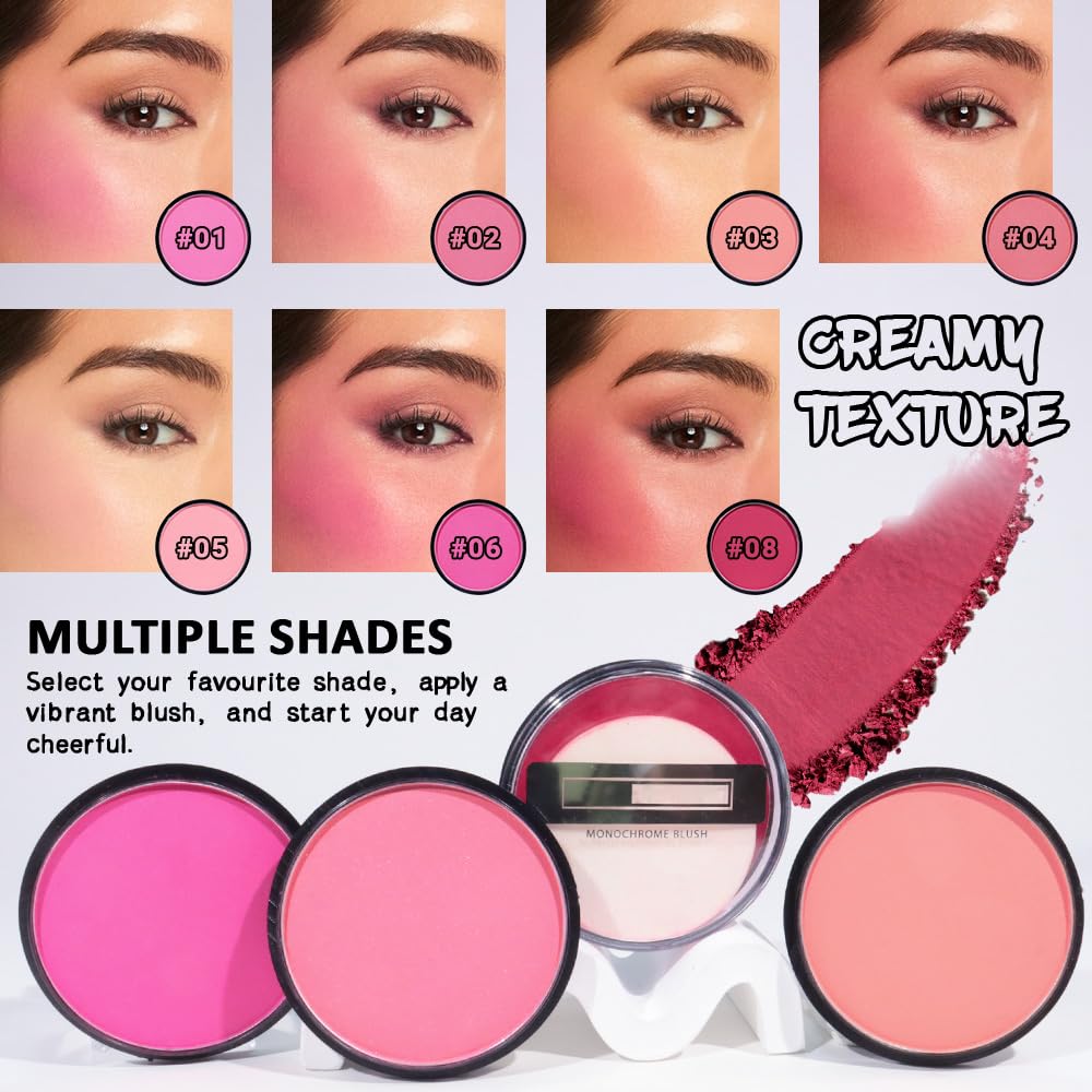 Natural Single Matte for Face Cheeks Blush with Makeup Powder Puff,Bright Red Monochrome Blusher Cream Powder Makeup Palette Blush Long-lasting Color Blendable Foundation for Women Every Day 08