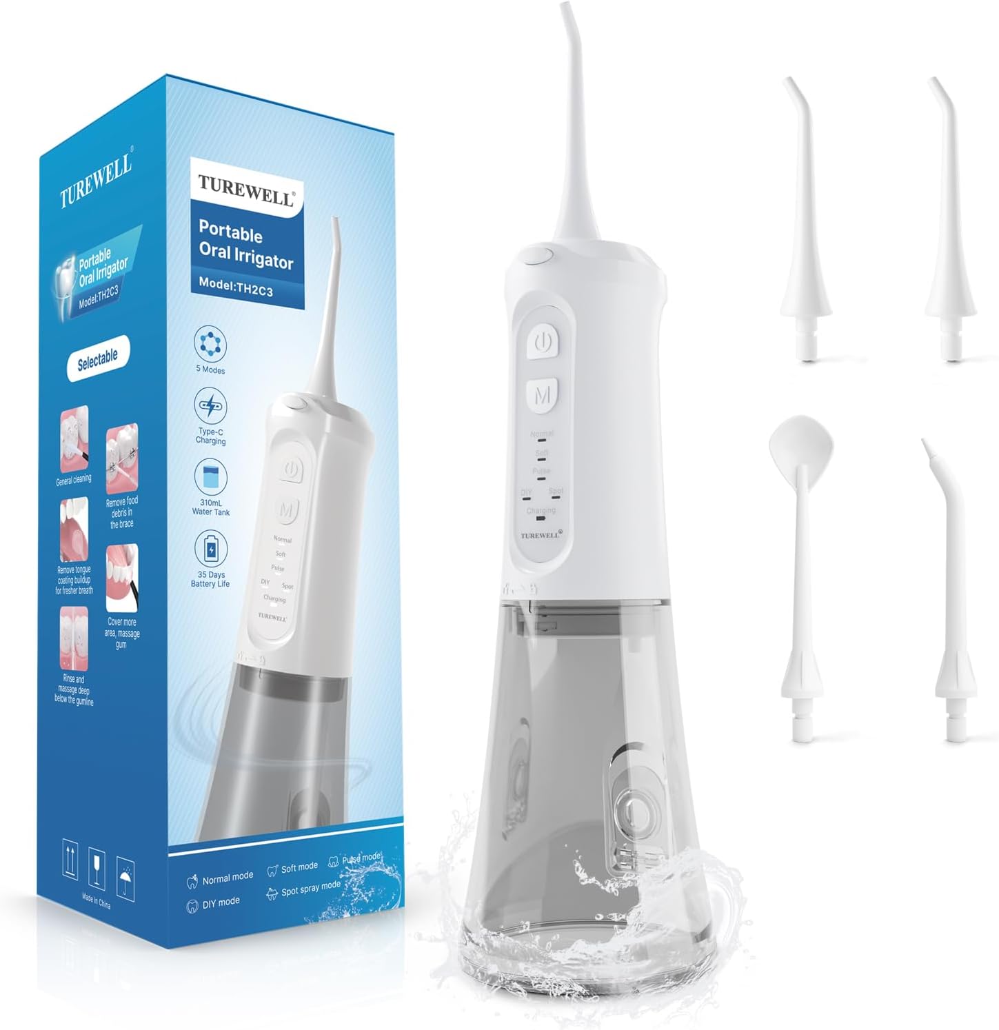 TUREWELL Water Dental Flosser for Teeth/Braces, 310 ML Portable Cordless Oral Irrigator with 5 Modes, IPX7 Waterproof Electric Water Flossing with 4 Replacement Jet Tips for Travel and Home, White