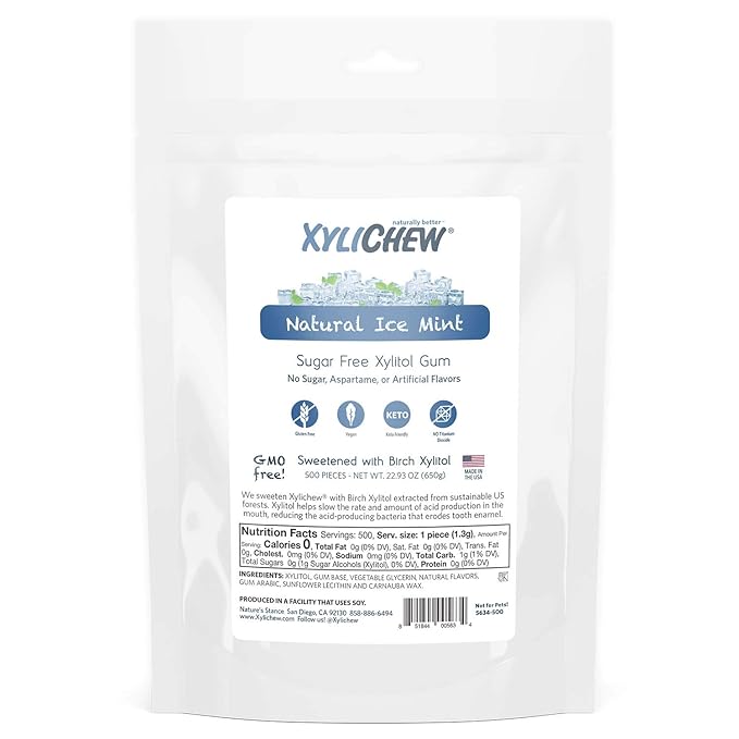 Xylichew 100% Xylitol Chewing Gum - Non GMO, Non Aspartame, Gluten Free, and Sugar Free Gum - Natural Oral Care, Relieves Bad Breath and Dry Mouth - Ice Mint, 500 Count