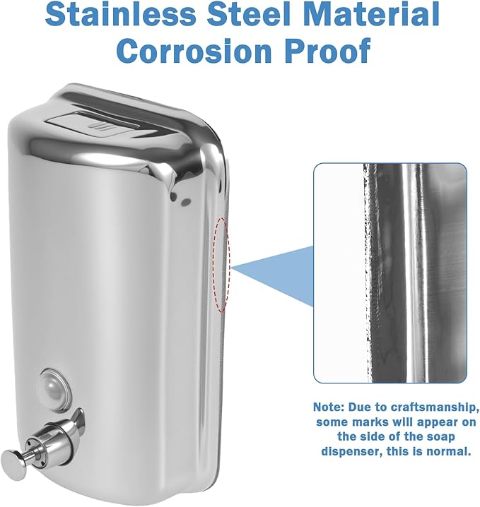 34 oz/1000ml Stainless Steel Commercial Soap Dispenser Wall Mount, Hand Soap Dispenser for Bathroom, Refillable Soap Liquid Dispenser for Bathrooms Kitchen Restaurants Hotel Hospitals