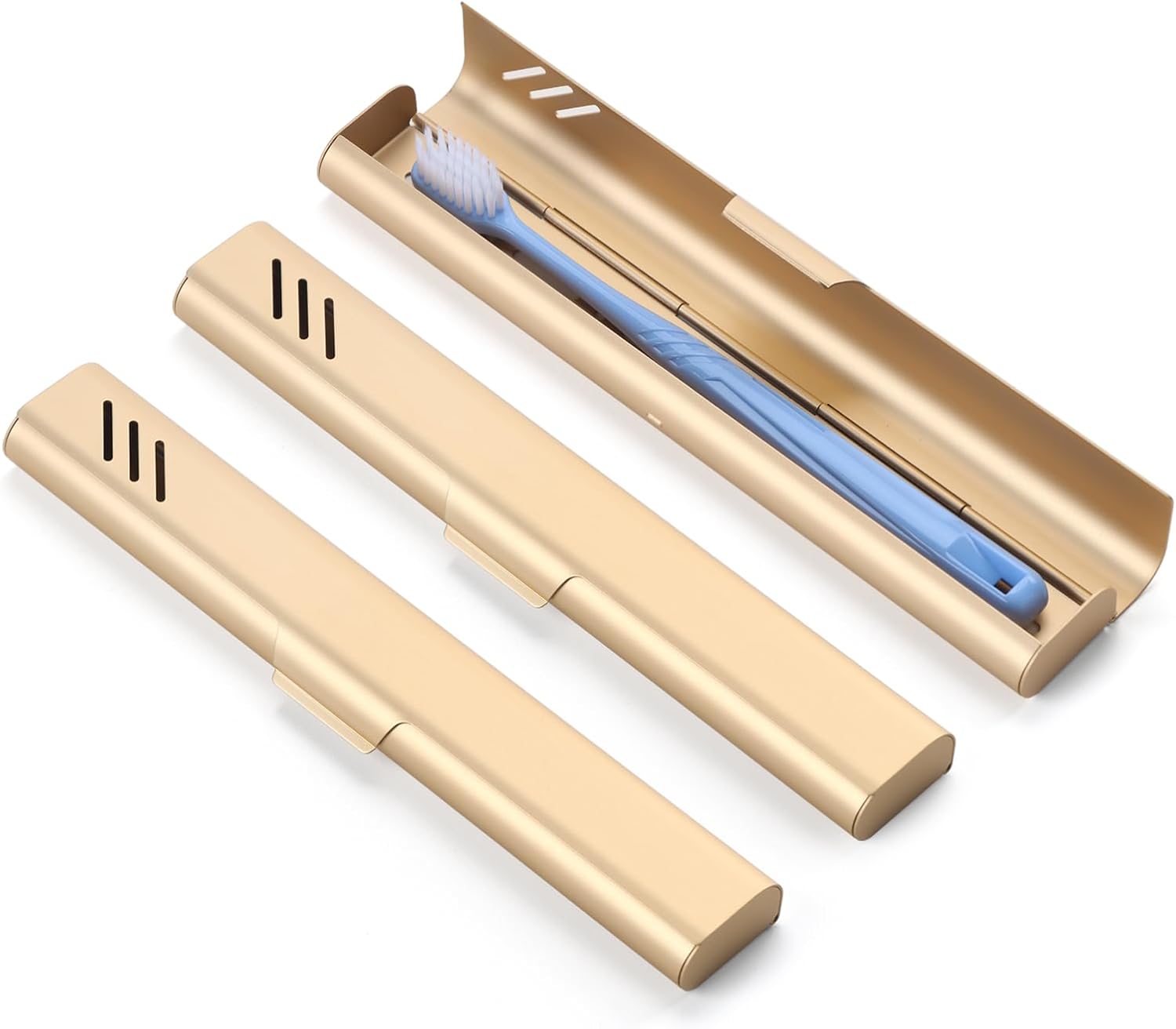 Travel Toothbrush Case, 2Pack Portable Toothbrush Holders, Durable Aluminum Toothbrush Storage Box, Small Breathable Manual Toothbrush Container for Traveling, Camping, Business Trip - Gold
