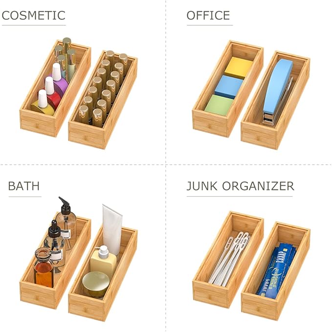 Bamboo Kitchen Drawer Organizer,Stackable Silverware Tray Utensil Organizer Cutlery Holder for Kitchen,Wooden Storage Box for Bathroom, Multi-Use Storage Bins Dividers for Office(9x3x2.5 inch)