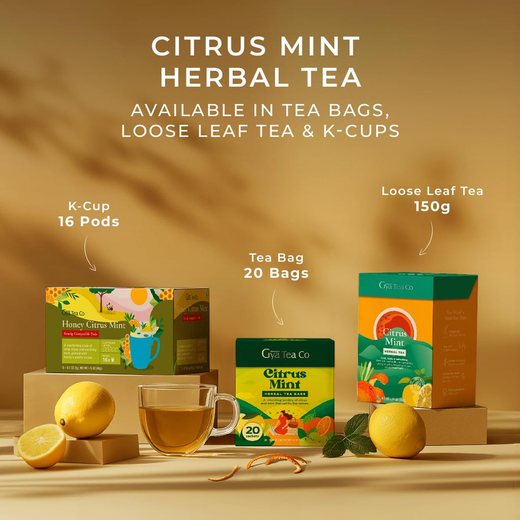 Gya Tea Co Citrus Mint Herbal Tea Bags (20 Bags) - Caffeine Free with a Tangy Flavor for All Day Comfort, Calming, Relaxing & Nourishing - Fruit & Herbal Blends