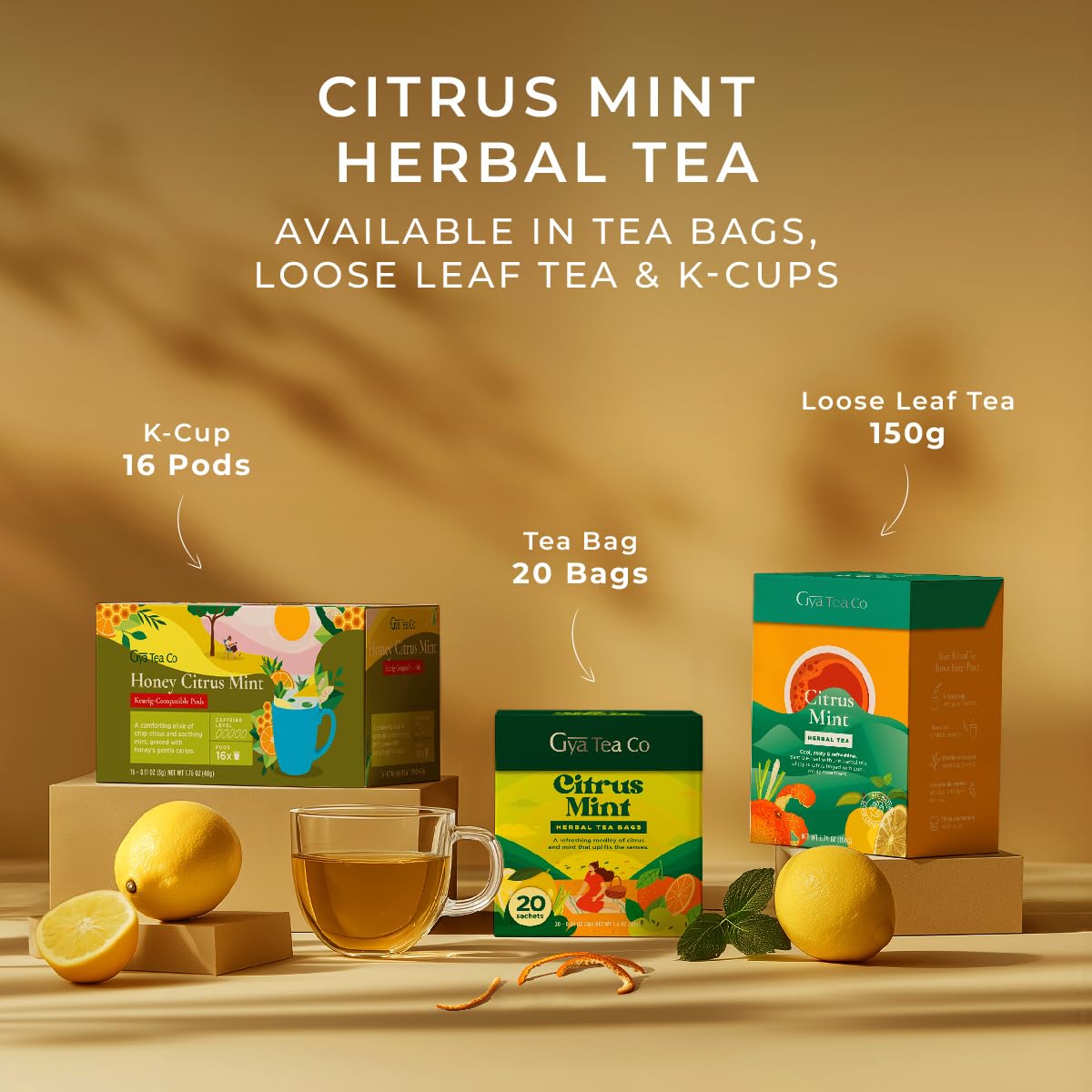 Gya Tea Co Citrus Mint Herbal Tea Bags (20 Bags) - Caffeine Free with a Tangy Flavor for All Day Comfort, Calming, Relaxing & Nourishing - Fruit & Herbal Blends