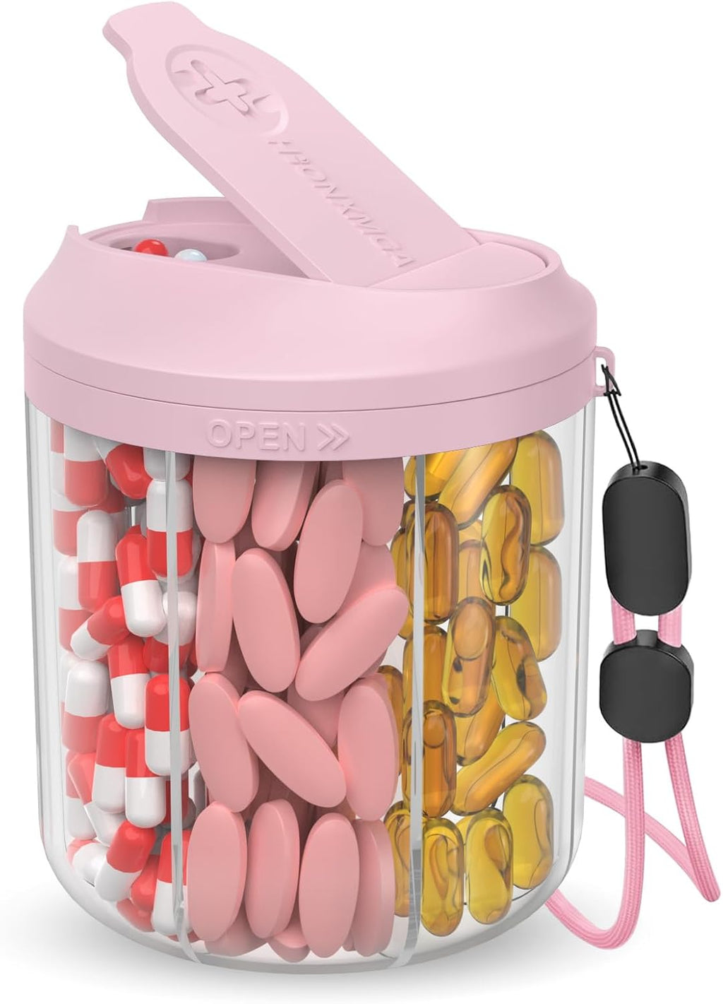 Pill Dispenser with 7 Large Compartments, Pill Organizer for Travel with Anti-Mixing Design, BPA-Free Pill Container with 20 Pcs Labels, Pink
