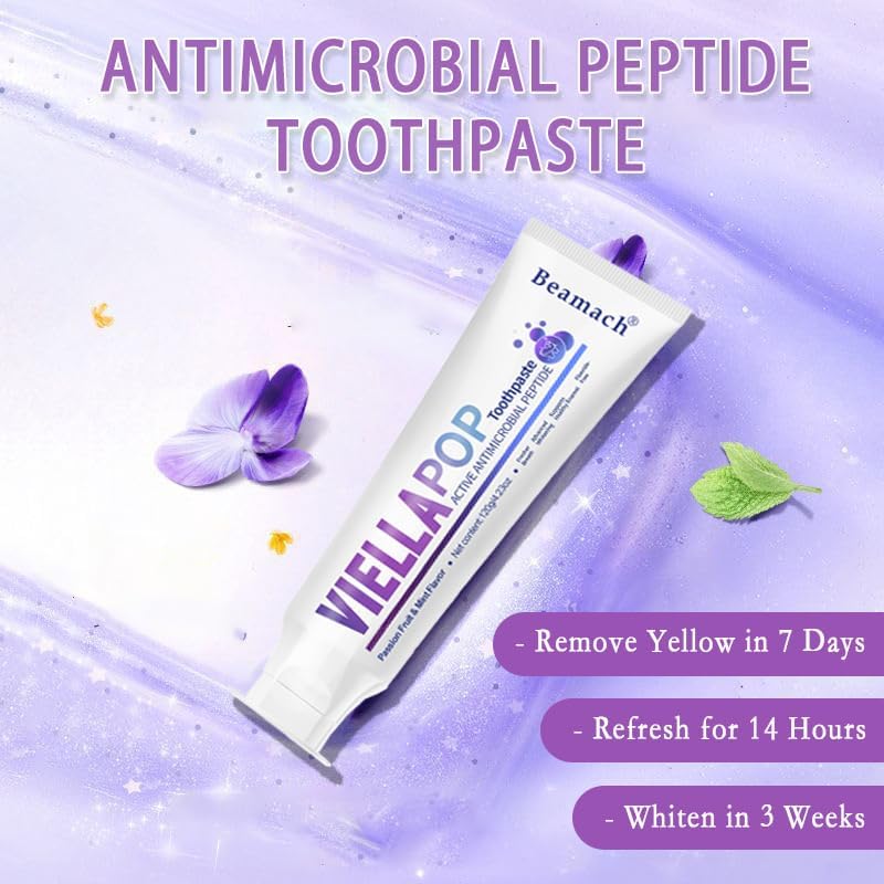 VIELLA POP Antimicrobial Peptide Whitening Toothpaste - Purple Toothpaste for Teeth Whitening | Color Correcting | Brightens Yellow | Enamel Protection | Passion Fruit & Mint Flavor(1pcs)