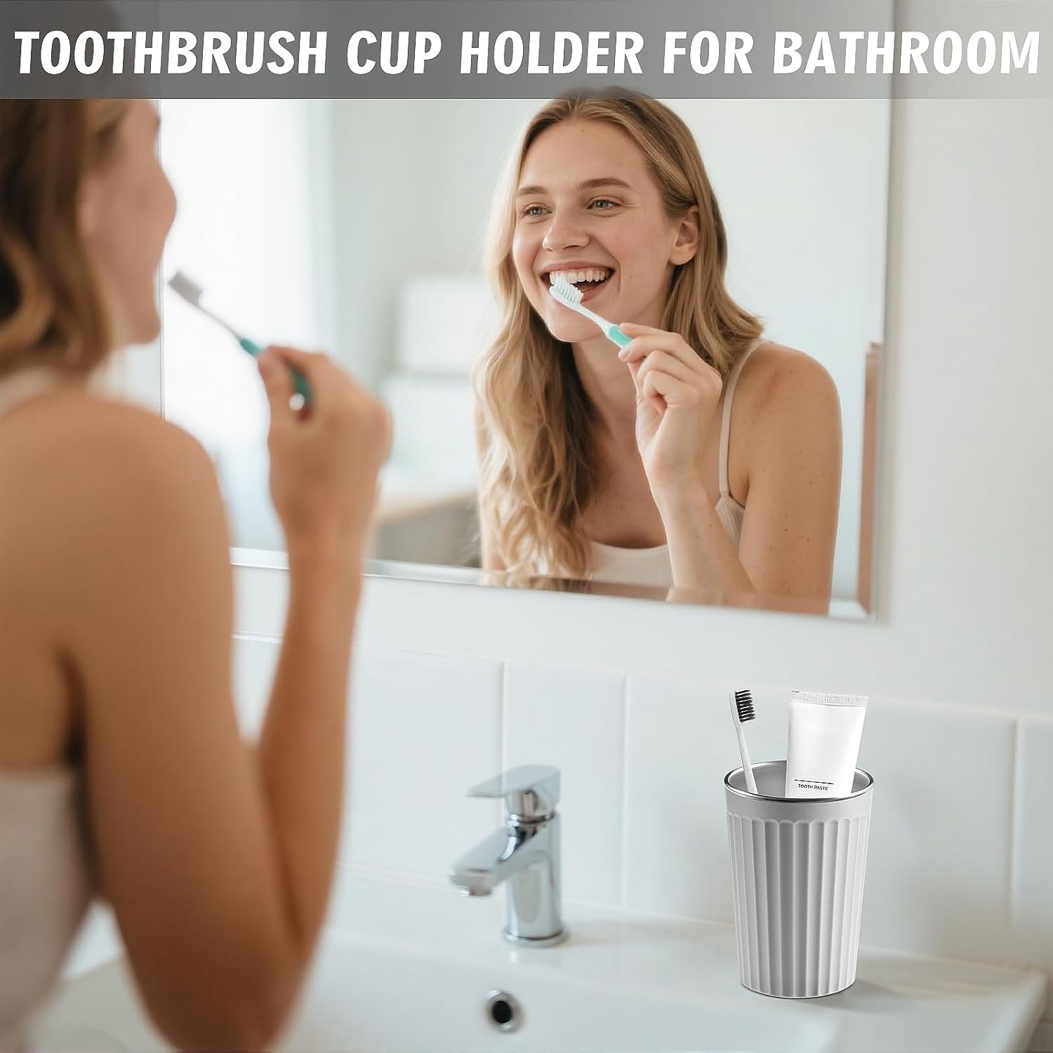 Toothbrush Holder for Bathroom-12oz Unbreakable Stainless Steel Bathroom Cup,Easy to Clean Toothbrush Cup, Reusable Bathroom Tumbler Cups for Home/School/Office(3" x 4.5") (Gray)
