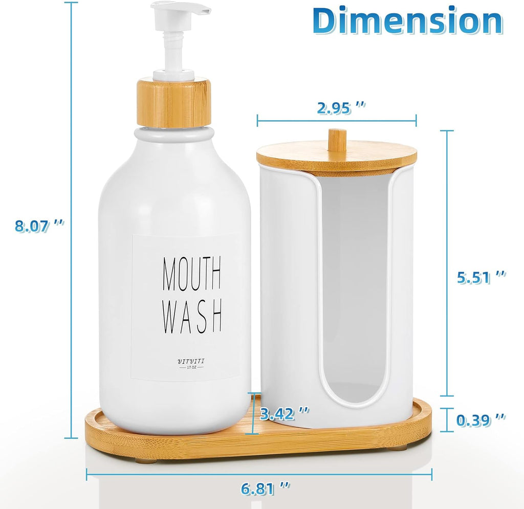 VITVITI Mouthwash Dispenser for Bathroom, Mouth Wash Pump Bottle with Paper Cup Holder, 17Oz Refillable White Mouthwash Container with Bamboo Lid/Tray/Label