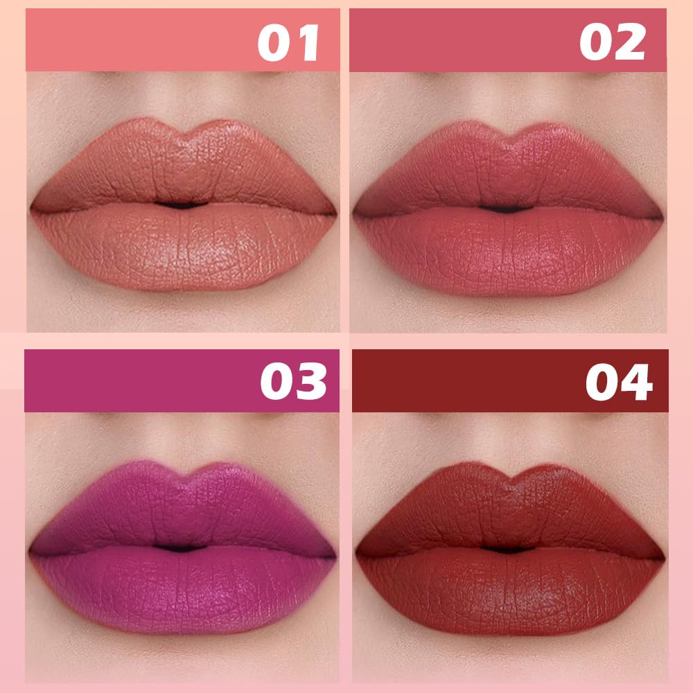 4Pcs Matte Lipstick Set for Women, Warm Pink Coral Red Purple Dark Red Lipsticks Lip Balm, Long Lasting Waterproof Transfer-Proof Vegan Lip Gloss Beauty Products Makeup All-Day Formula SetA01