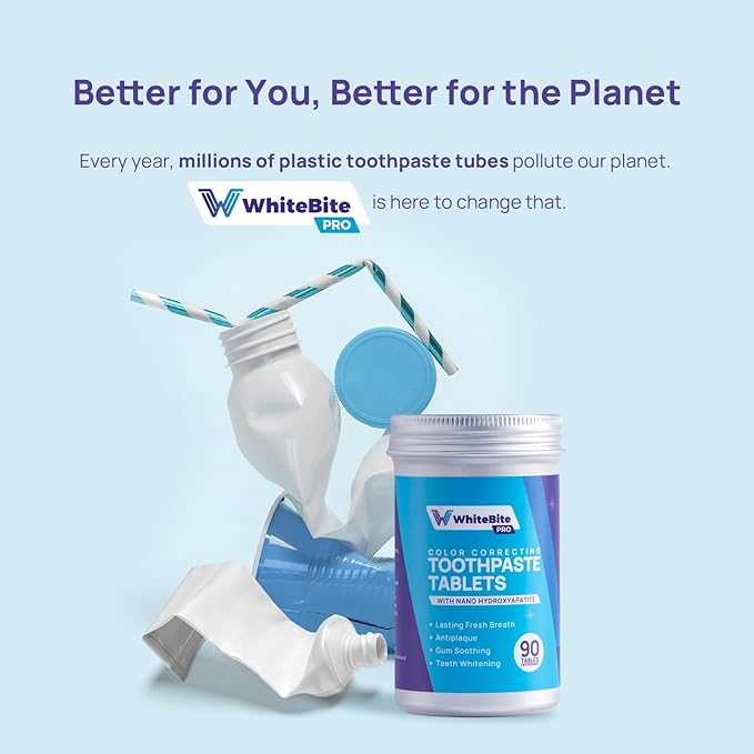 Whitebite Pro Color Correcting Toothpaste Tablets with Nano Hydroxyapatite | Fresh Breath & Natural Whitening | Travel-Friendly Toothpaste & Mouthwash | Fluoride and Plastic-Free (Peppermint)