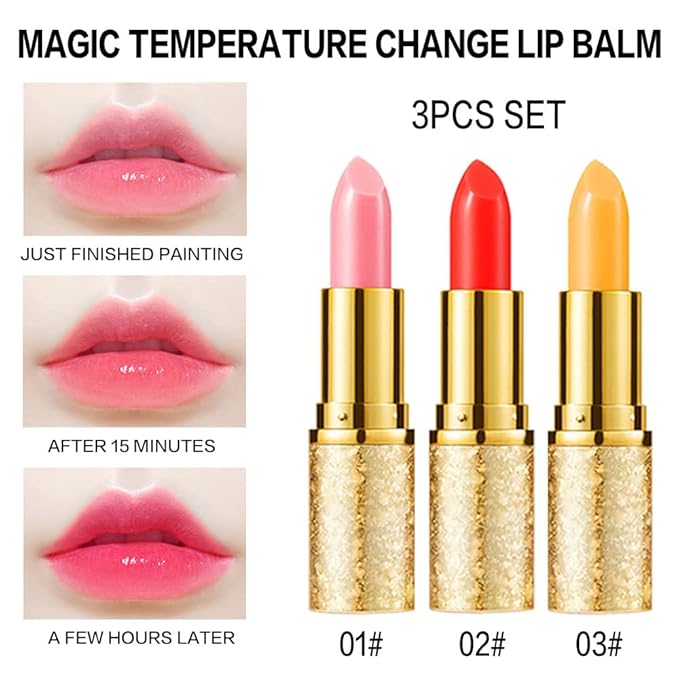 BINGBRUSH 3Pcs Color Changing Lipstick,Red Pink PH Mood Long Lasting Labiales Lip Care Moisturizer Lip Balm Korean Magic Lip Gloss Lip Tinted Stain Makeup Lipstick Set for Women