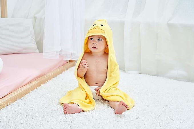 HIPHOP PANDA Hooded Towel - Rayon Made from Bamboo, Bath Towel with Bear Ears for Newborn, Babie, Toddler, Infant - Absorbent Large Baby Towel - Yellow Duck, 37.5 x 37.5 Inch