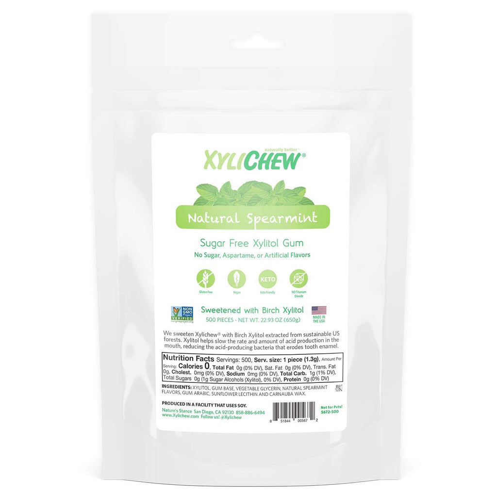 Xylichew 100% Xylitol Chewing Gum - Non GMO, Non Aspartame, Gluten Free, and Sugar Free Gum - Natural Oral Care, Relieves Bad Breath and Dry Mouth - Spearmint, 500 Count