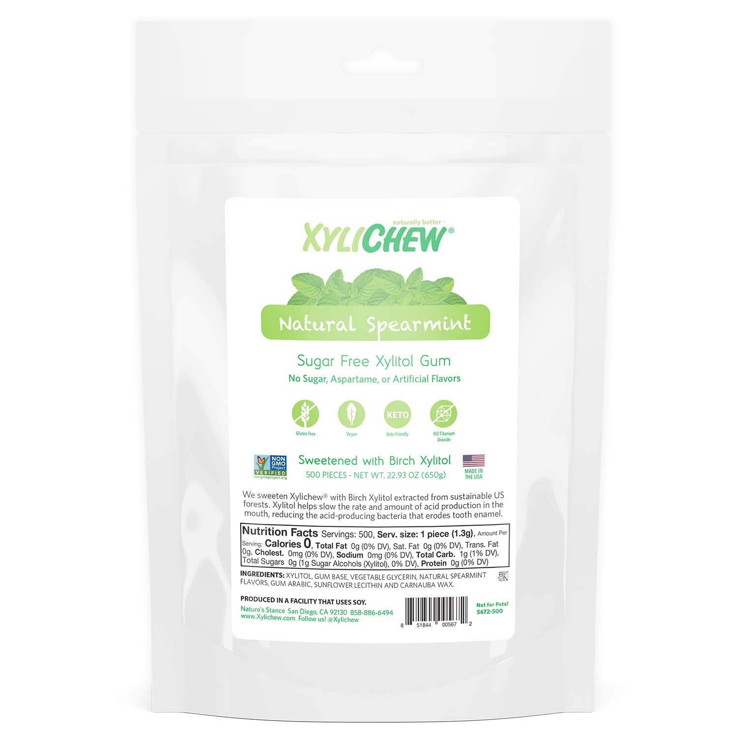 Xylichew 100% Xylitol Chewing Gum - Non GMO, Non Aspartame, Gluten Free, and Sugar Free Gum - Natural Oral Care, Relieves Bad Breath and Dry Mouth - Spearmint, 500 Count