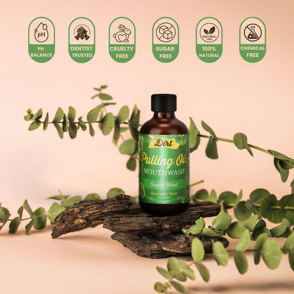 THE DIRT Oil Pulling Mouthwash - Gluten Free - Removes Plaque, Tartar, Bad Breath & Whitens Teeth (Super Mint, 4 Ounce)